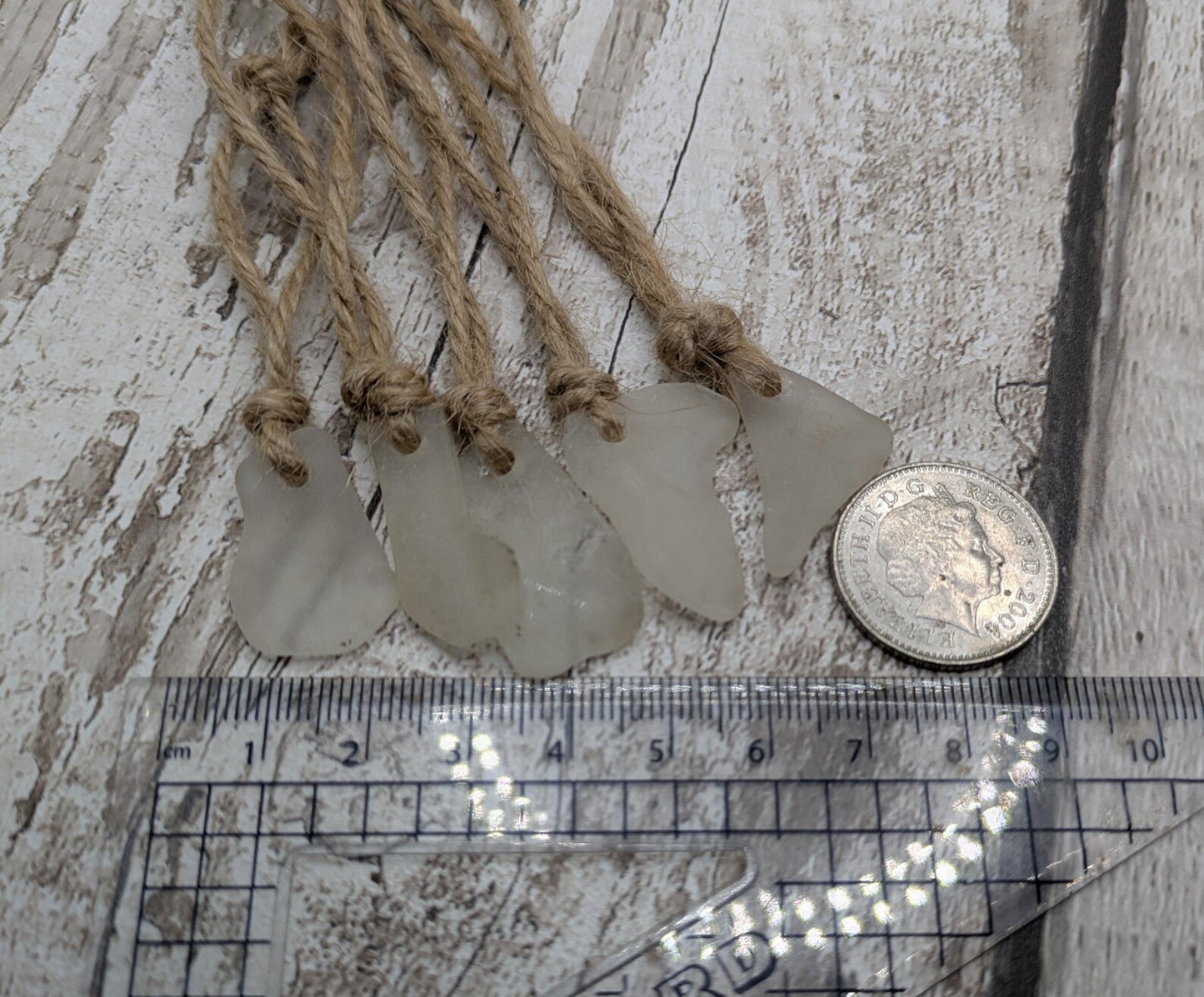 5 pack small white sea glass hanging decorations.