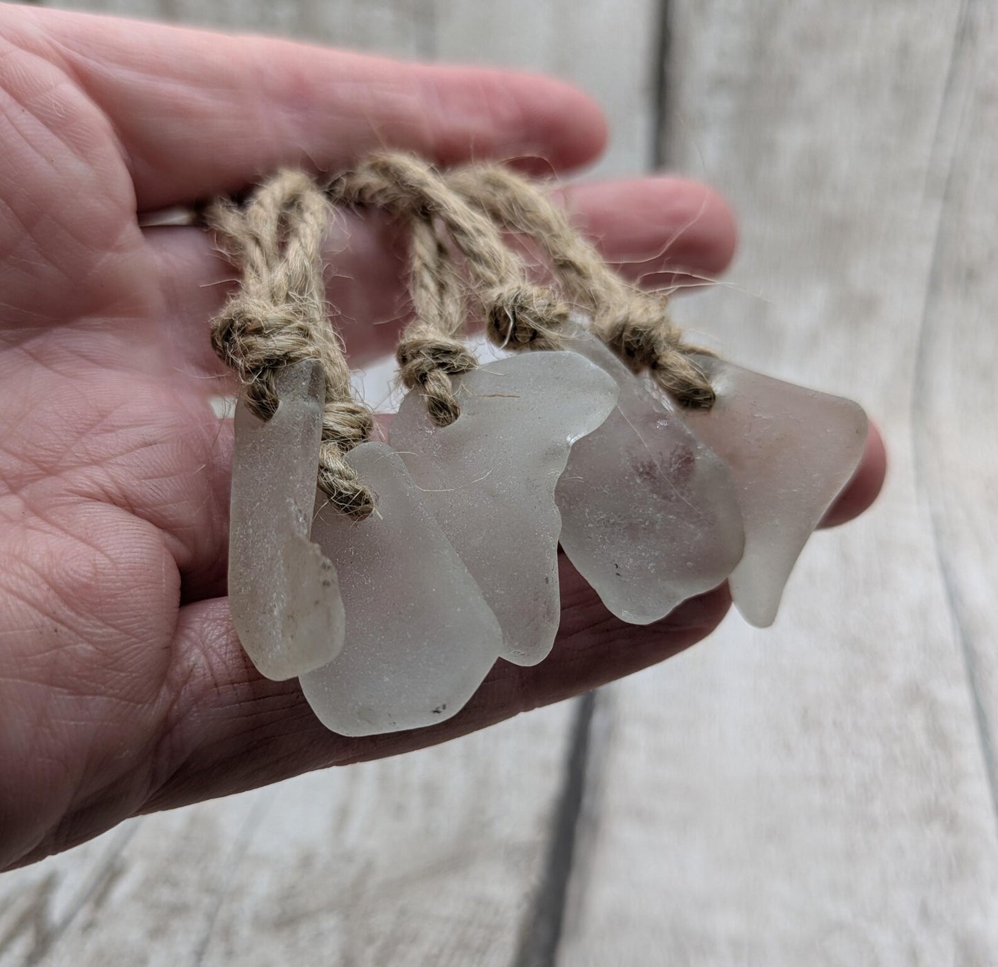 5 pack small white sea glass hanging decorations.