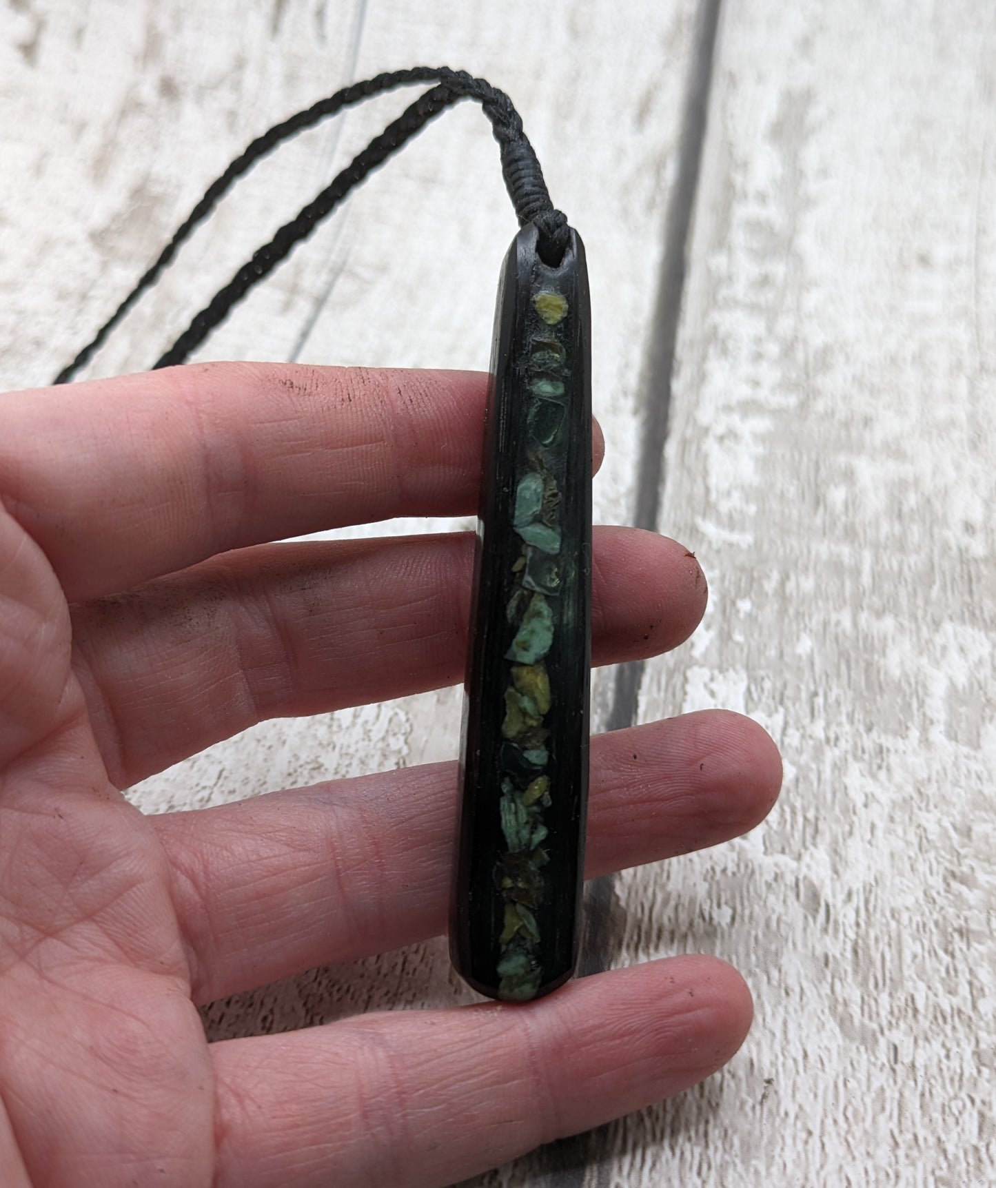 Made to order Fenland bog oak roimata pendant with NZ pounamu Greenstone.