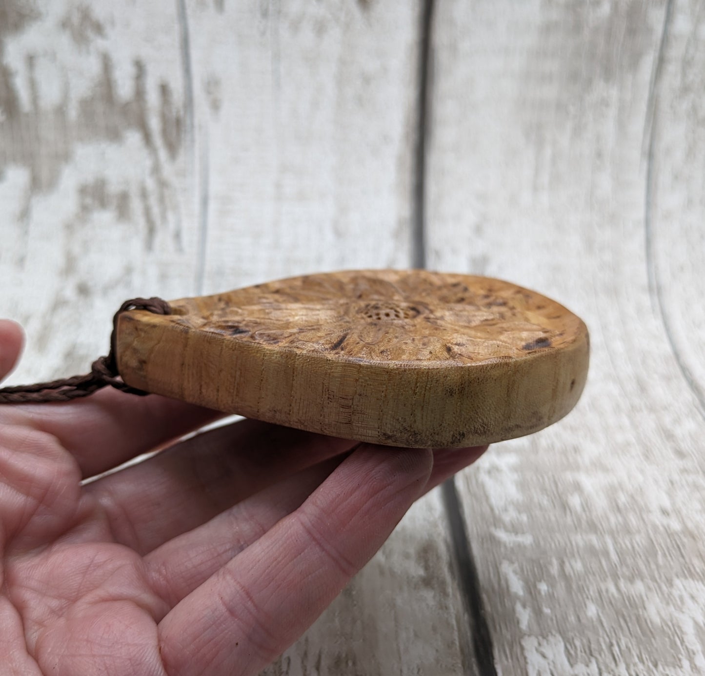 Birch wood sunflower medallion pendant.