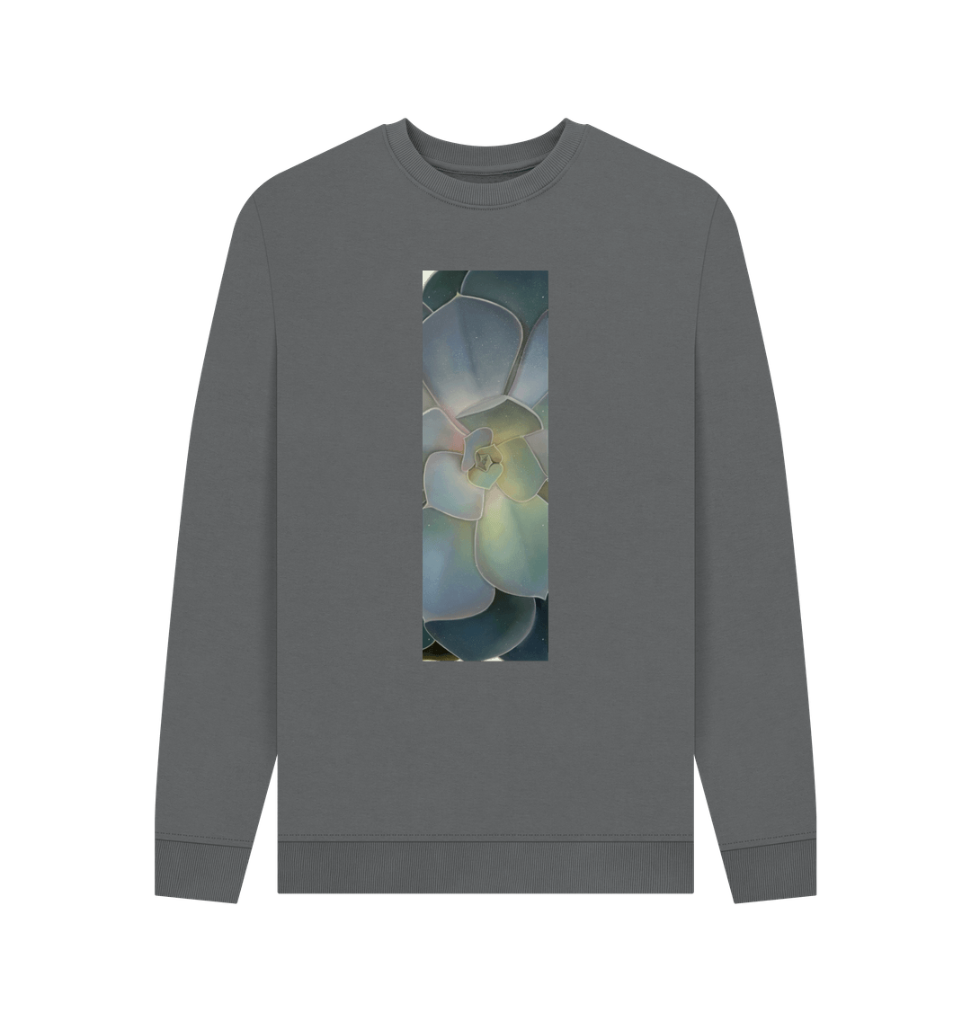 Slate Grey Men\u2019s green ombr\u00e9 succulent banner sweater.