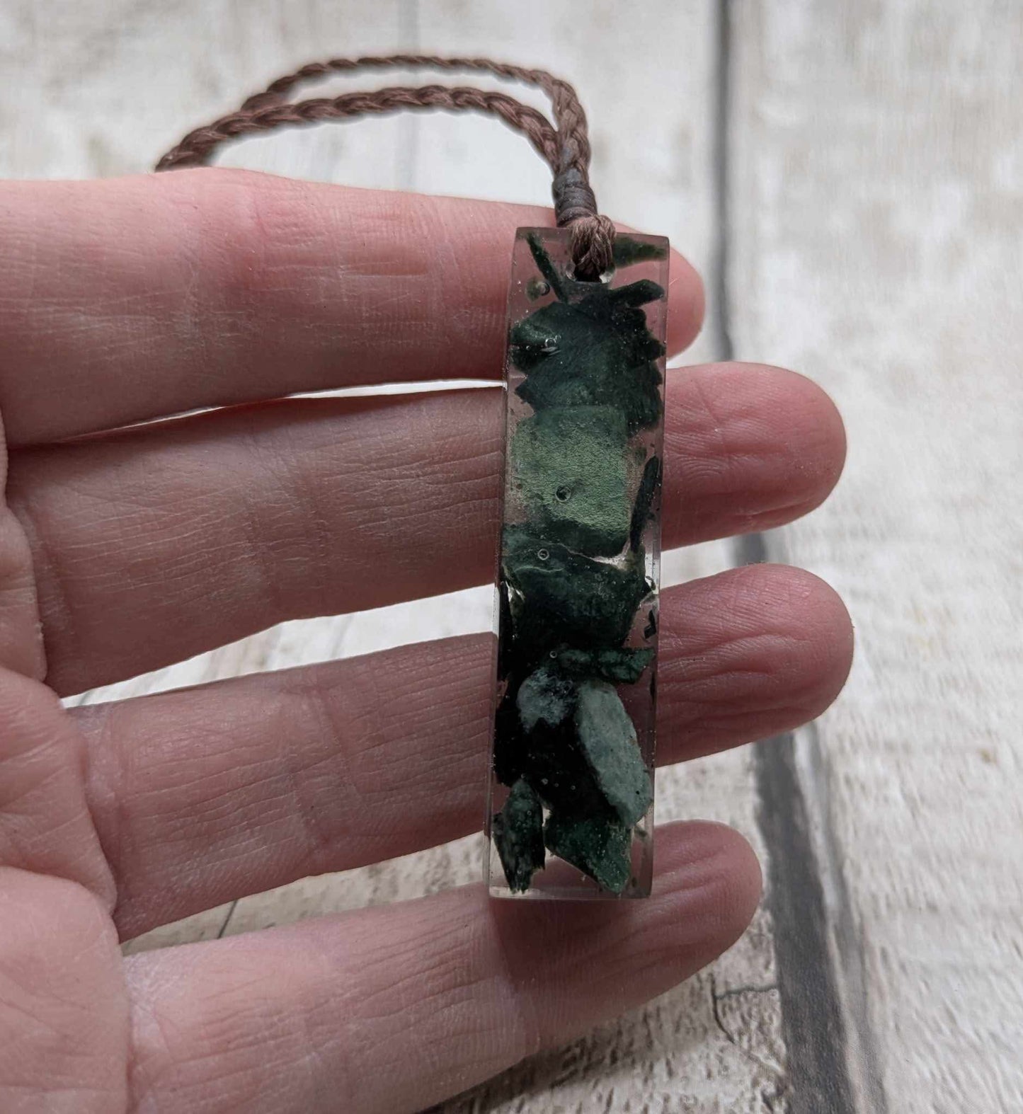 New Zealand mixed Pounamu chip pendant in UV resin.