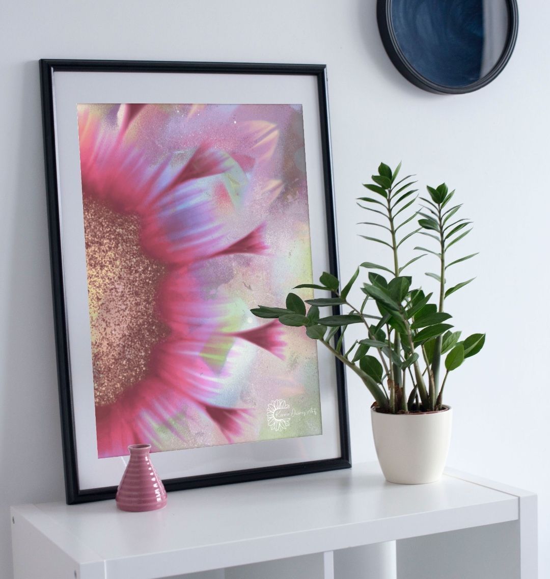 Spray painted pink sunflower poster print.