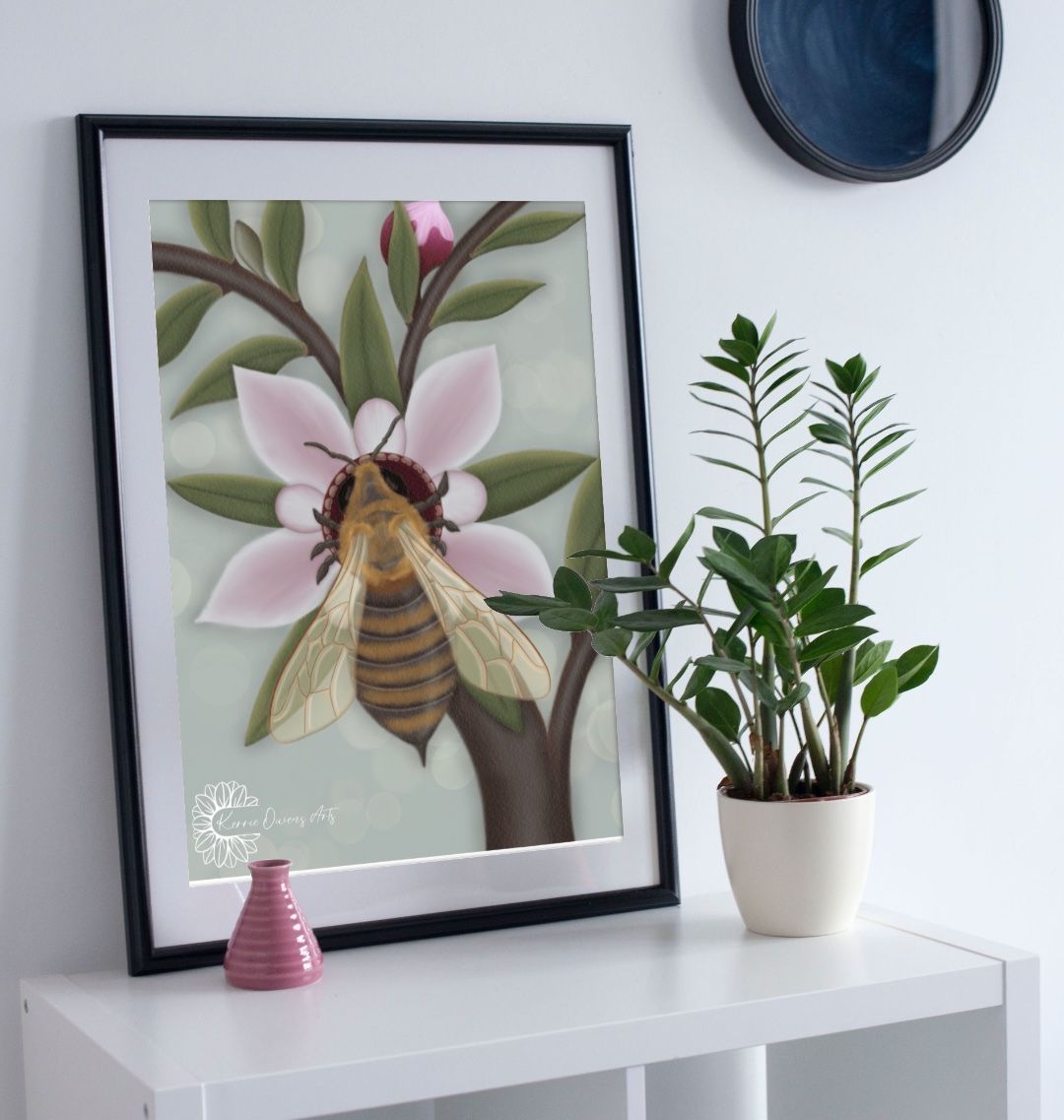 Honey bee on manuka flower poster print.