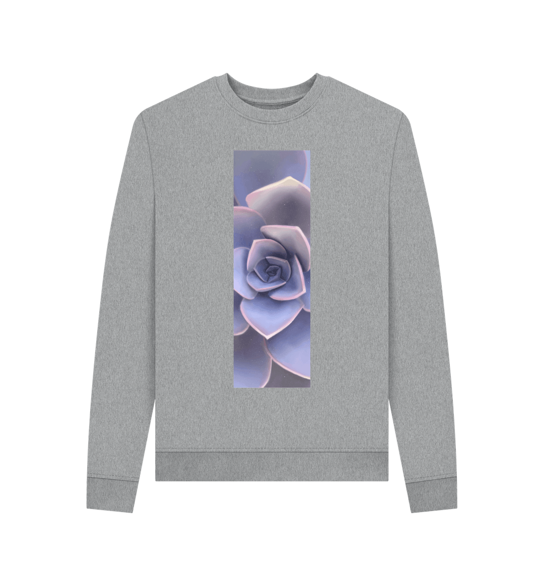 Light Heather Women\u2019s pastel purple ombr\u00e9 succulent banner sweater.