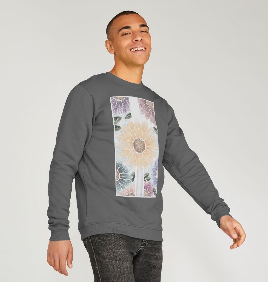 Unisex sunflower banner motif sweatshirt.