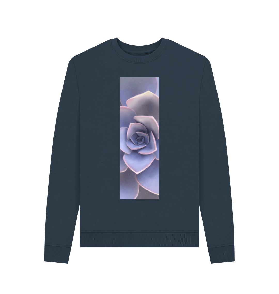 Navy Blue Women\u2019s pastel purple ombr\u00e9 succulent banner sweater.