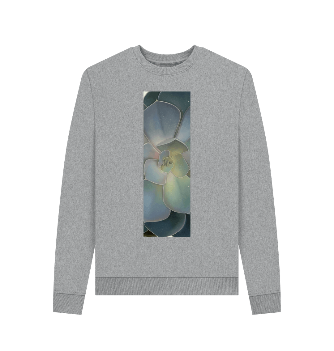 Light Heather Women\u2019s green ombr\u00e9 succulent banner sweater.