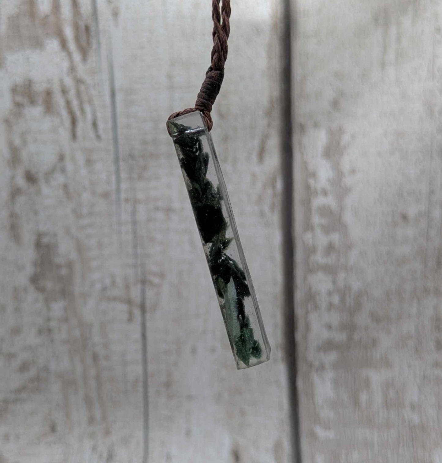 New Zealand mixed Pounamu chip pendant in UV resin.