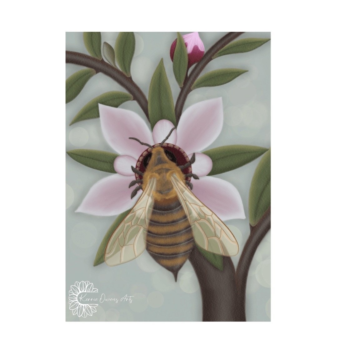 White Honey bee on manuka flower print.