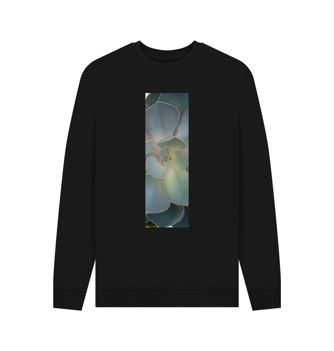 Black Men\u2019s green ombr\u00e9 succulent banner sweater.
