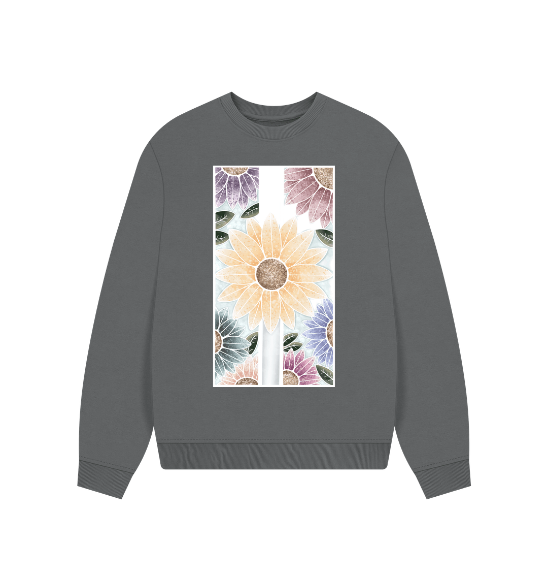 Slate Grey Women\u2019s Sunflower banner oversized sweatshirt.