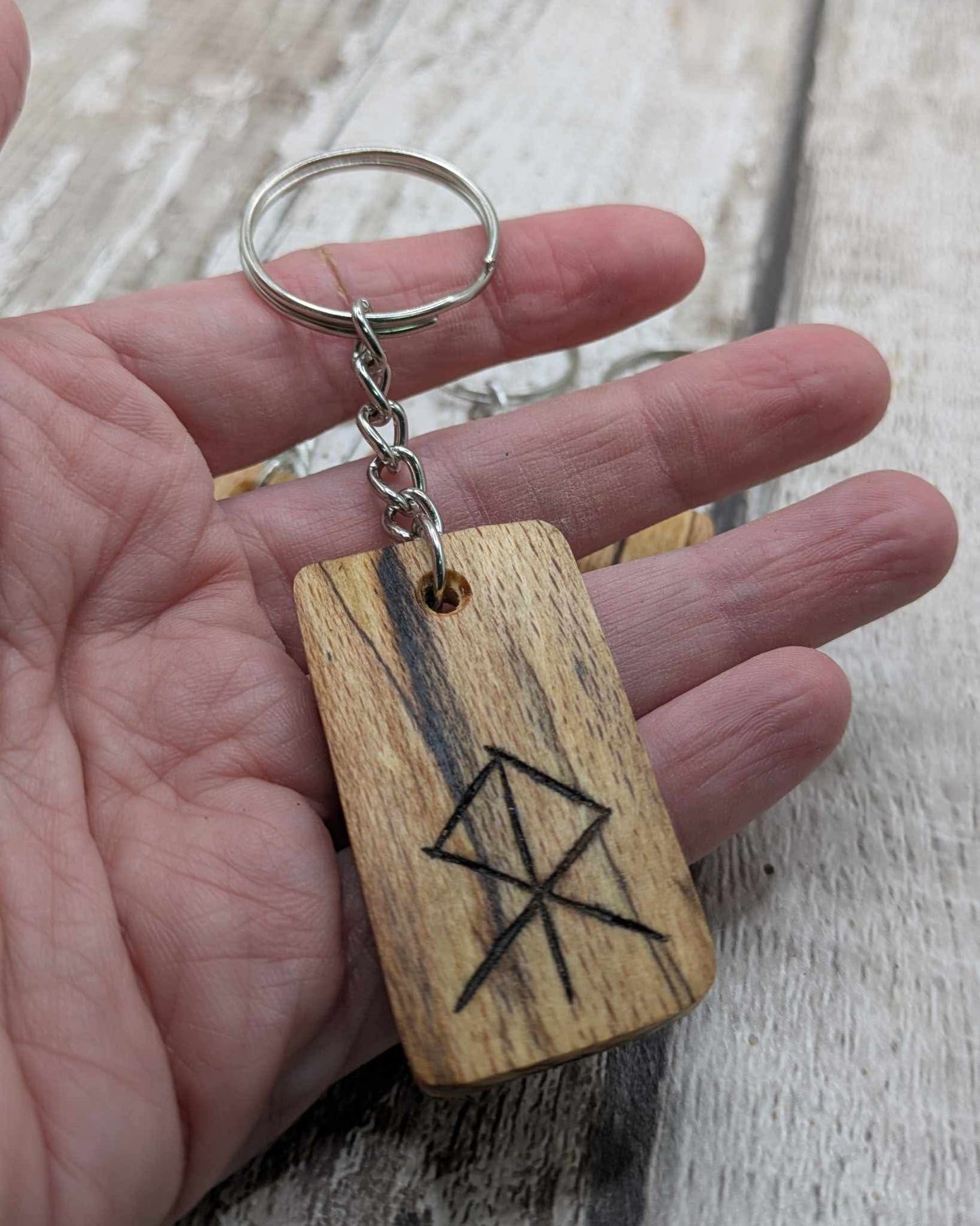 Spalted beech wood protection bind rune keyring.