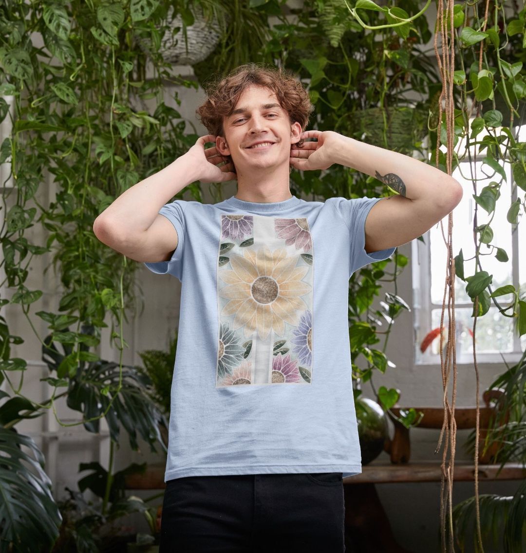 Unisex sunflower banner motif t-shirt.
