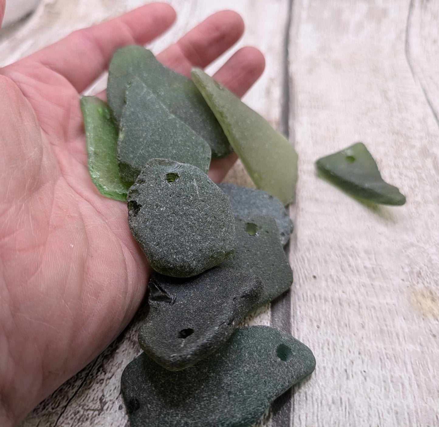Green sea glass top drilled beads.