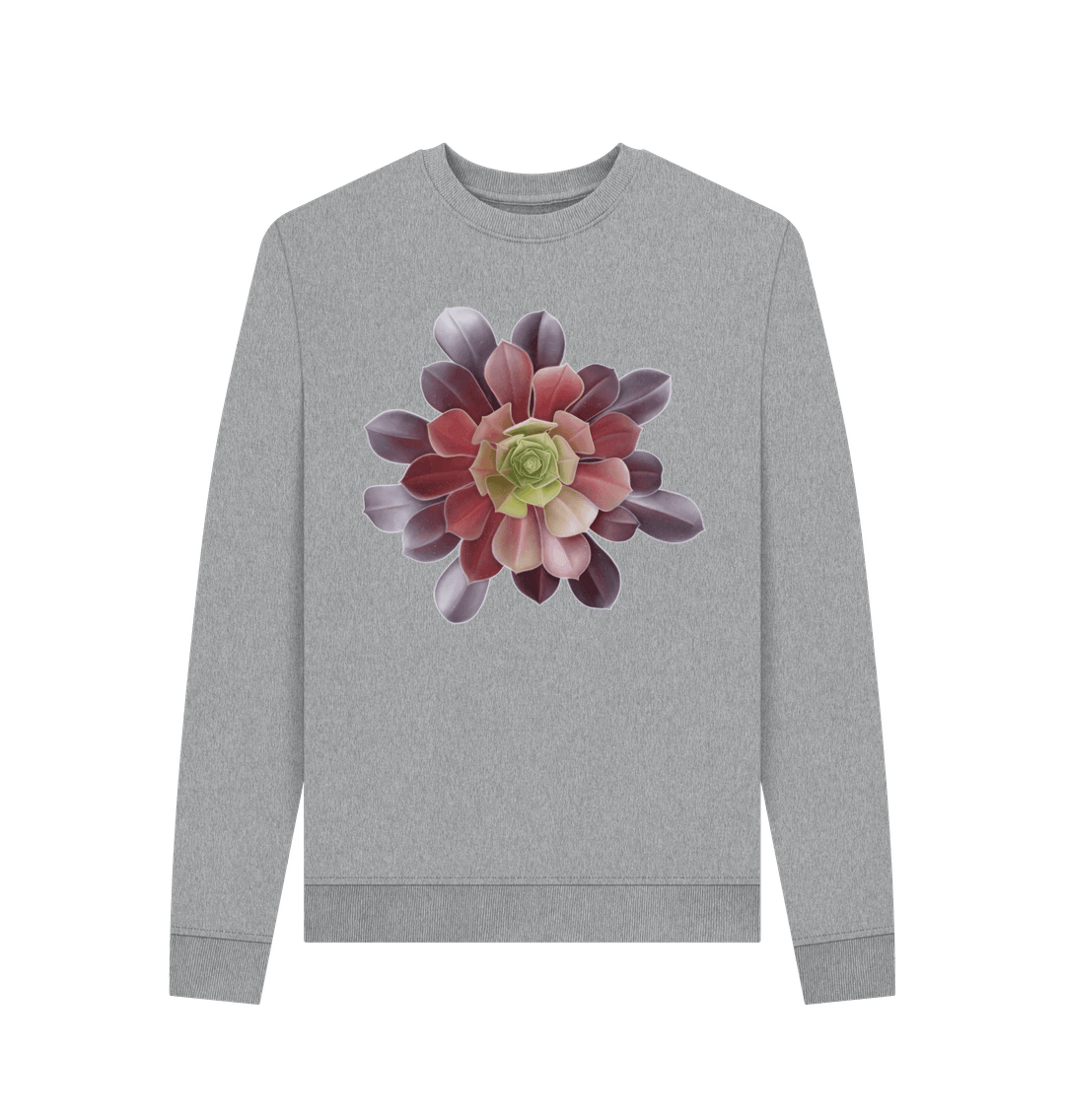 Light Heather Women\u2019s green to red ombr\u00e9 succulent crewneck sweatshirt.