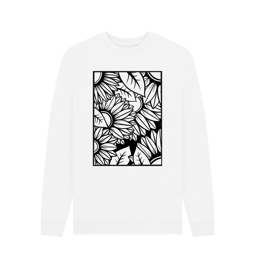White Mens sunflower outline crewneck sweatshirt.