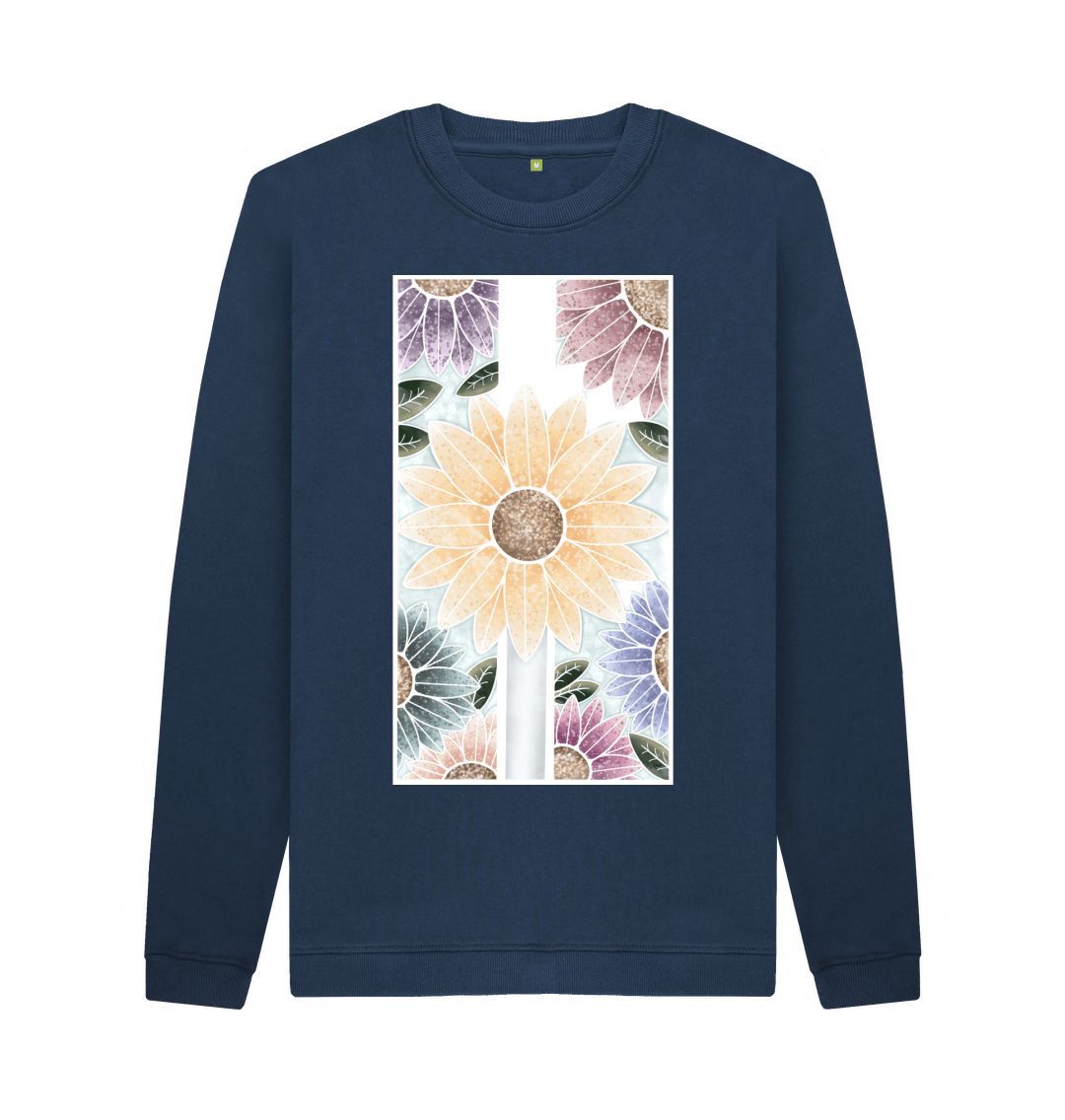 Navy Blue Unisex sunflower banner motif sweatshirt.