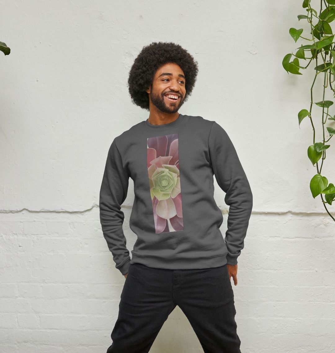 Men’s green to purple succulent banner sweater.