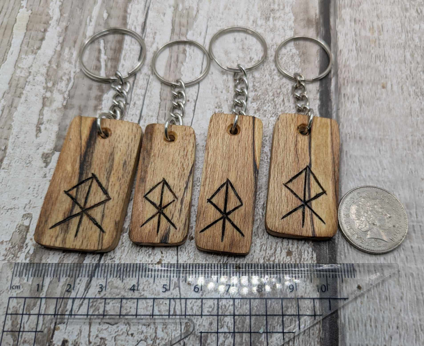 Spalted beech wood protection bind rune keyring.