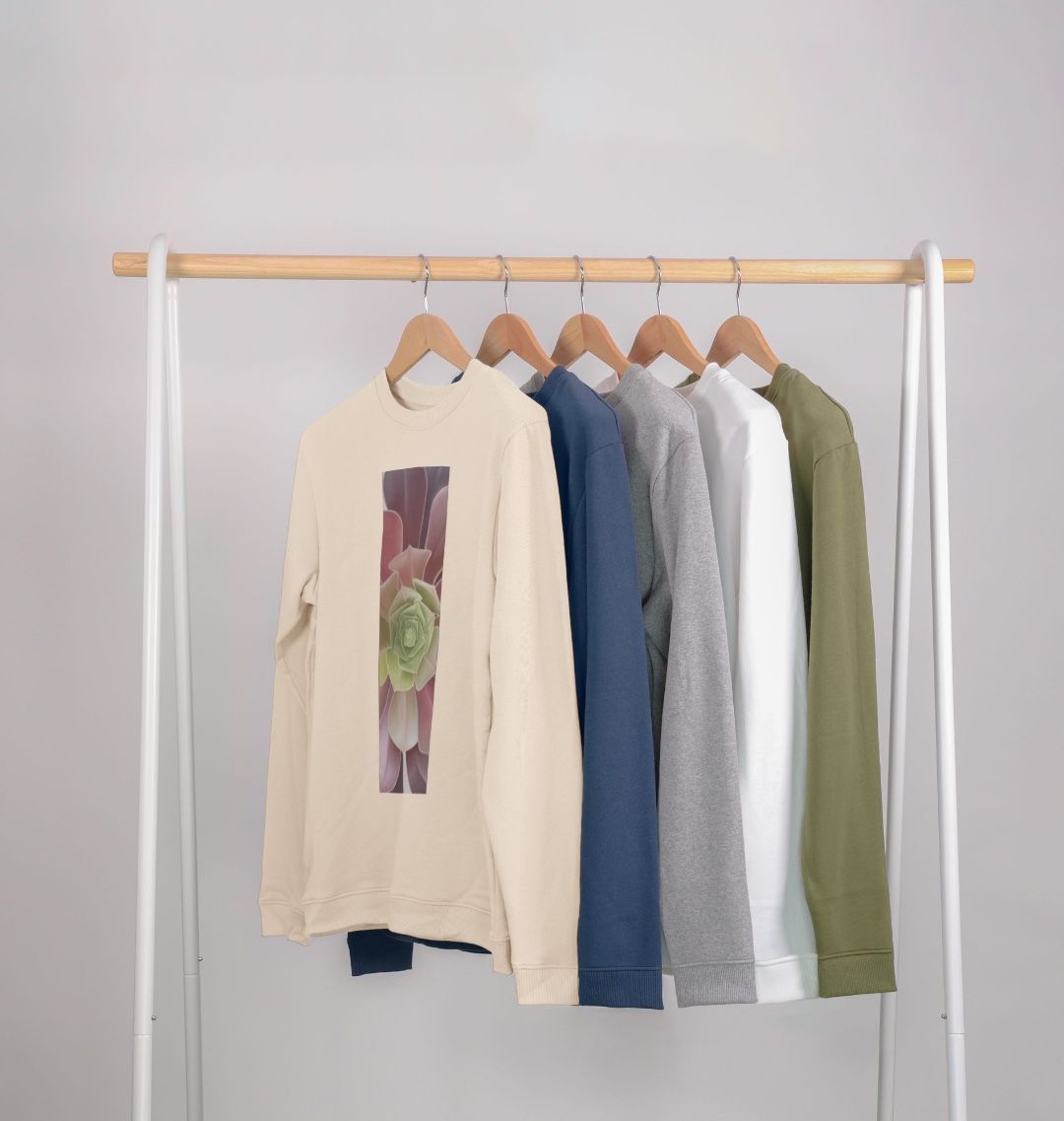 Men’s green to purple succulent banner sweater.