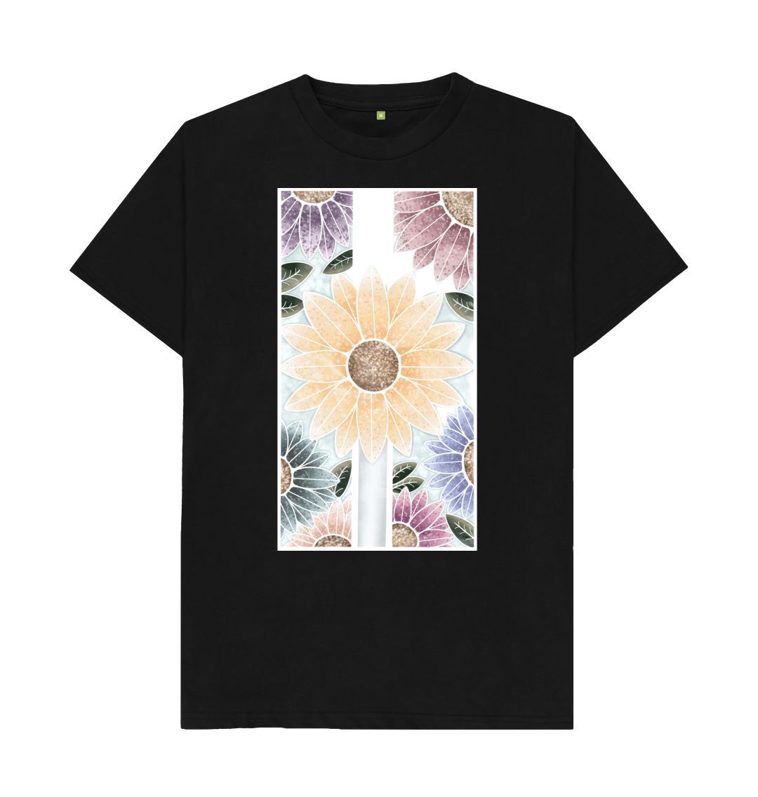 Black Unisex sunflower banner motif t-shirt.