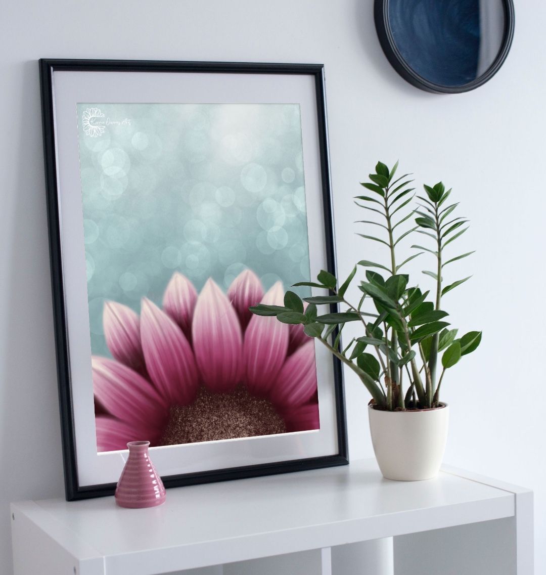 Lower angle pink sunflower poster print.