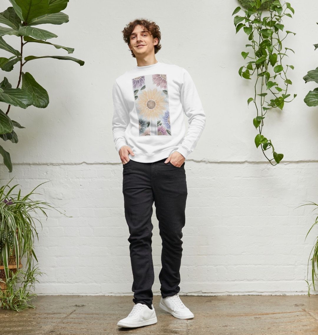 Unisex sunflower banner motif sweatshirt.