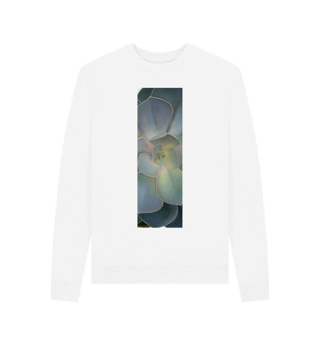 White Women\u2019s green ombr\u00e9 succulent banner sweater.