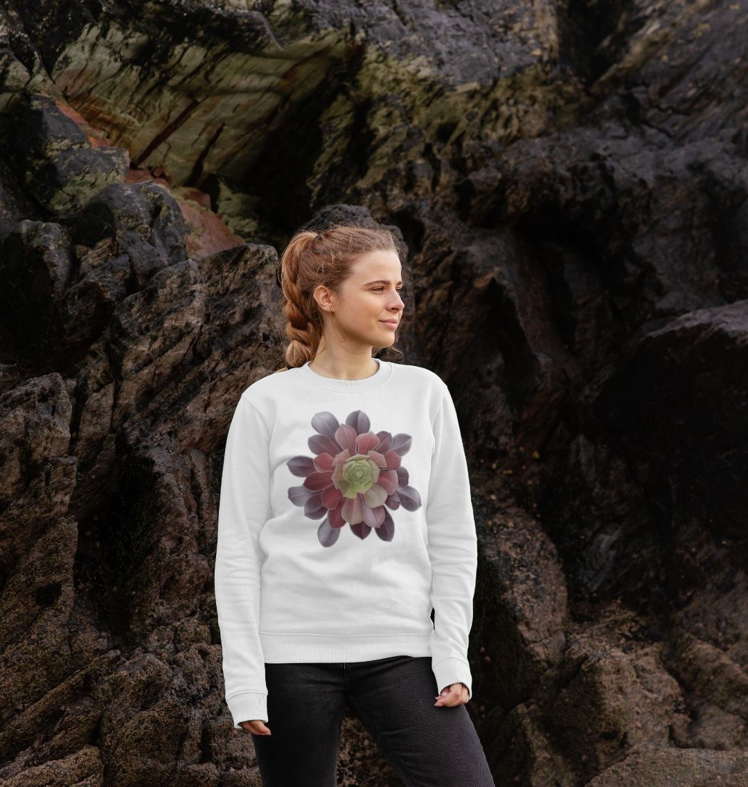 Women’s green to purple ombré succulent crewneck sweatshirt.