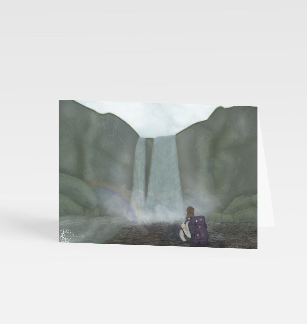 Reflection at skogafoss landscape greetings card.