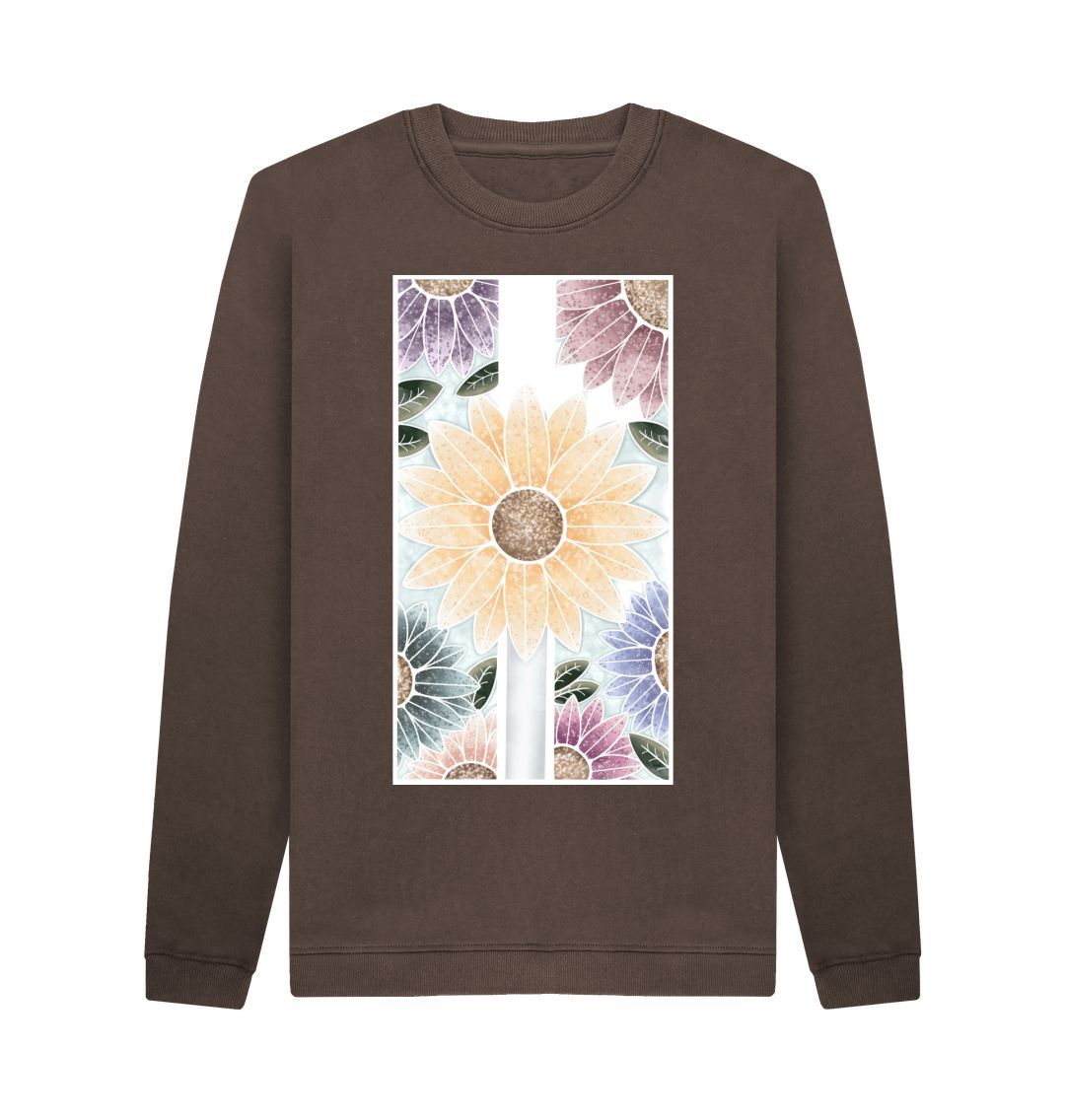 Chocolate Unisex sunflower banner motif sweatshirt.