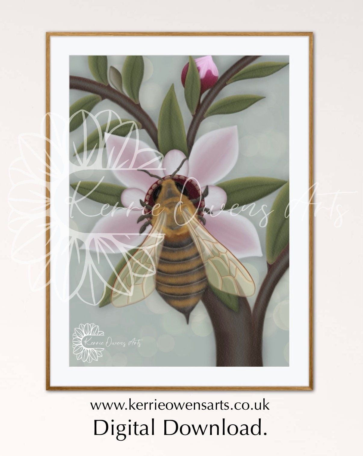 Honey bee on manuka flower illustration digital download.