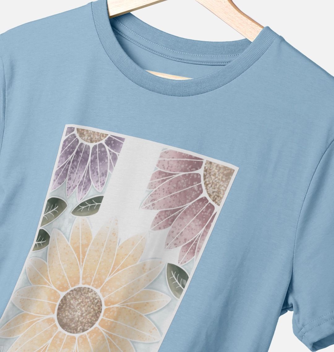 Unisex sunflower banner motif t-shirt.