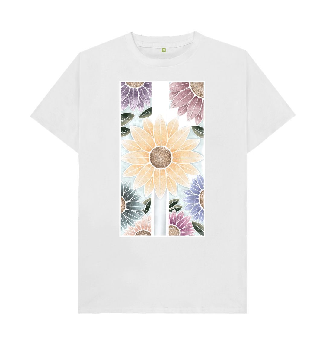 White Unisex sunflower banner motif t-shirt.