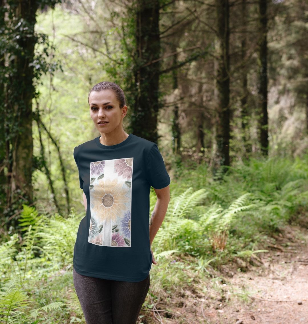 Unisex sunflower banner motif t-shirt.