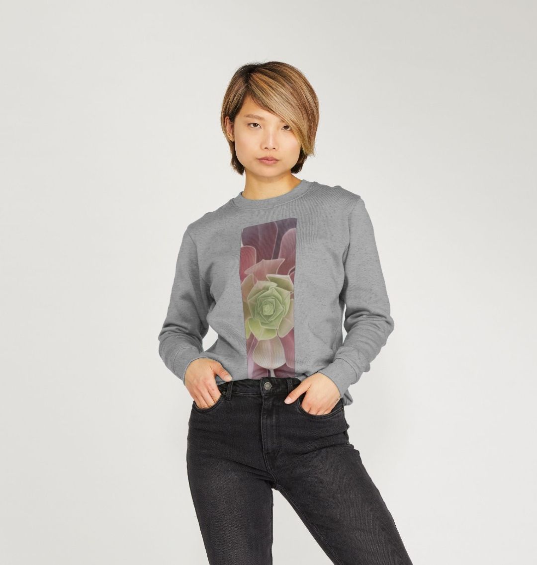 Woman’s green to purple ombré succulent banner sweater.