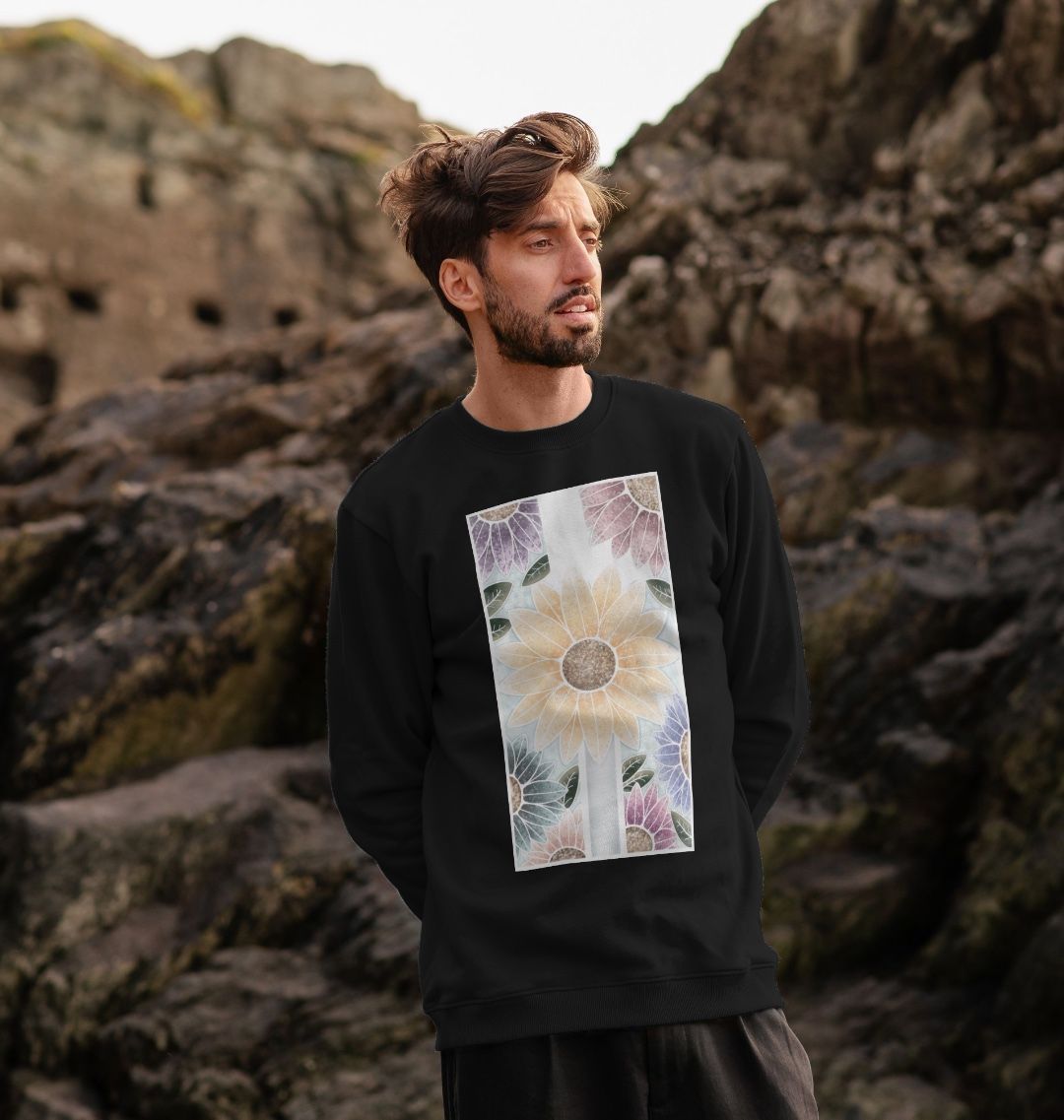 Unisex sunflower banner motif sweatshirt.