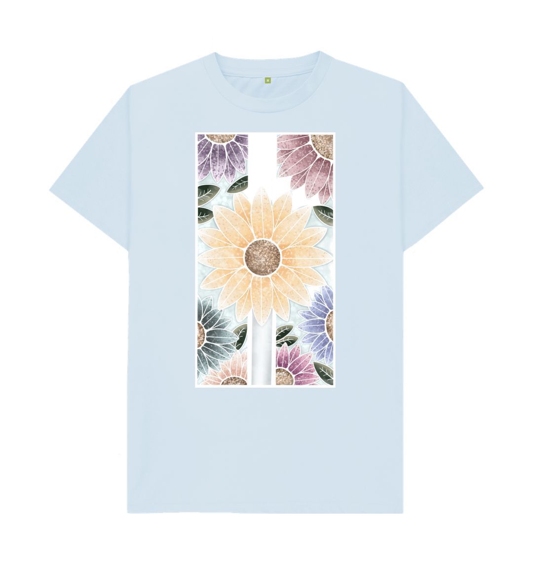 Sky Blue Unisex sunflower banner motif t-shirt.