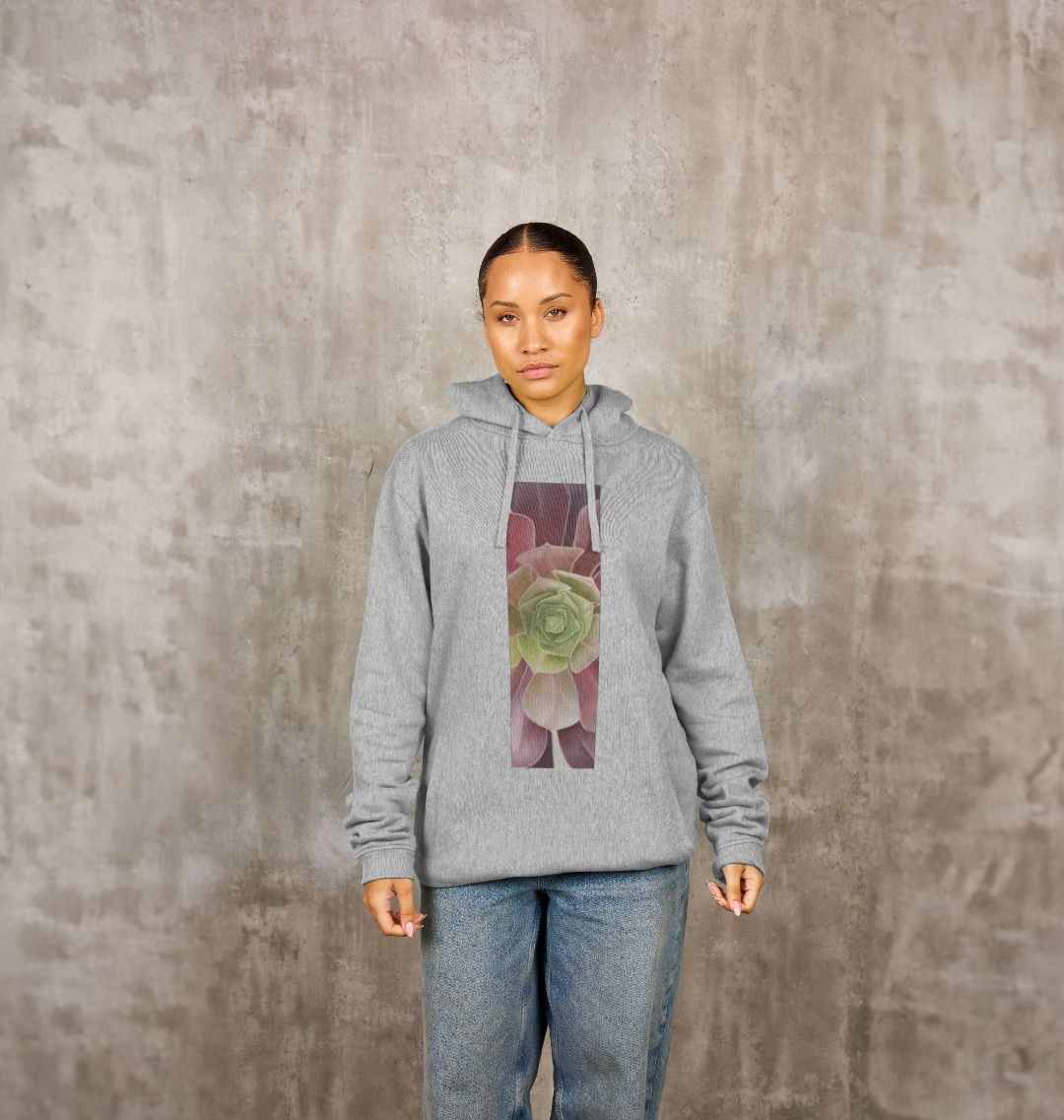Unisex green to purple ombré succulent banner hoodie.