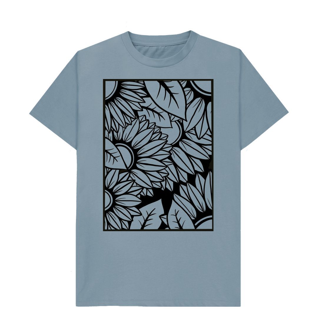 Stone Blue Unisex black lined sunflower illustration, T-Shirt