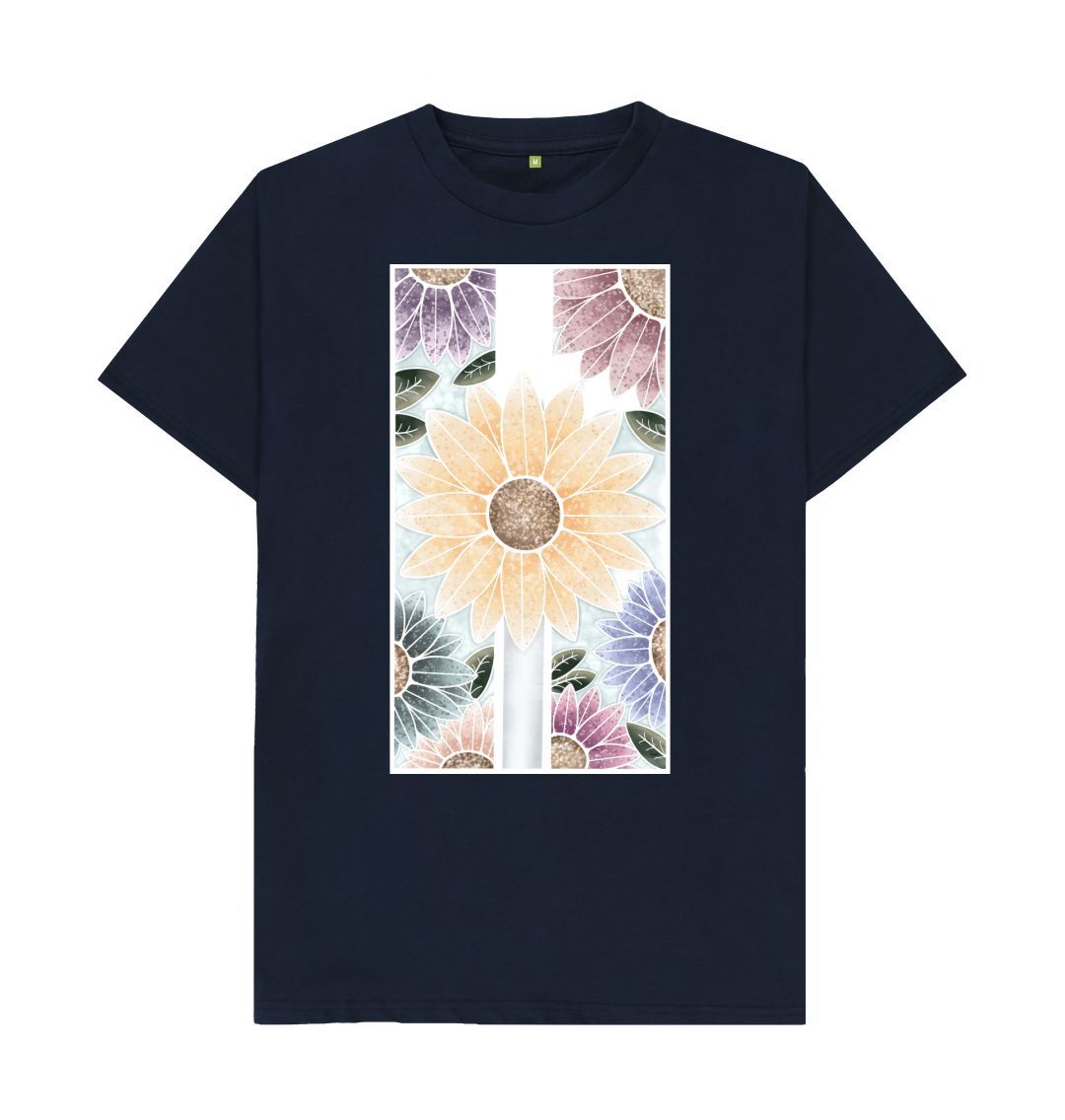 Navy Blue Unisex sunflower banner motif t-shirt.