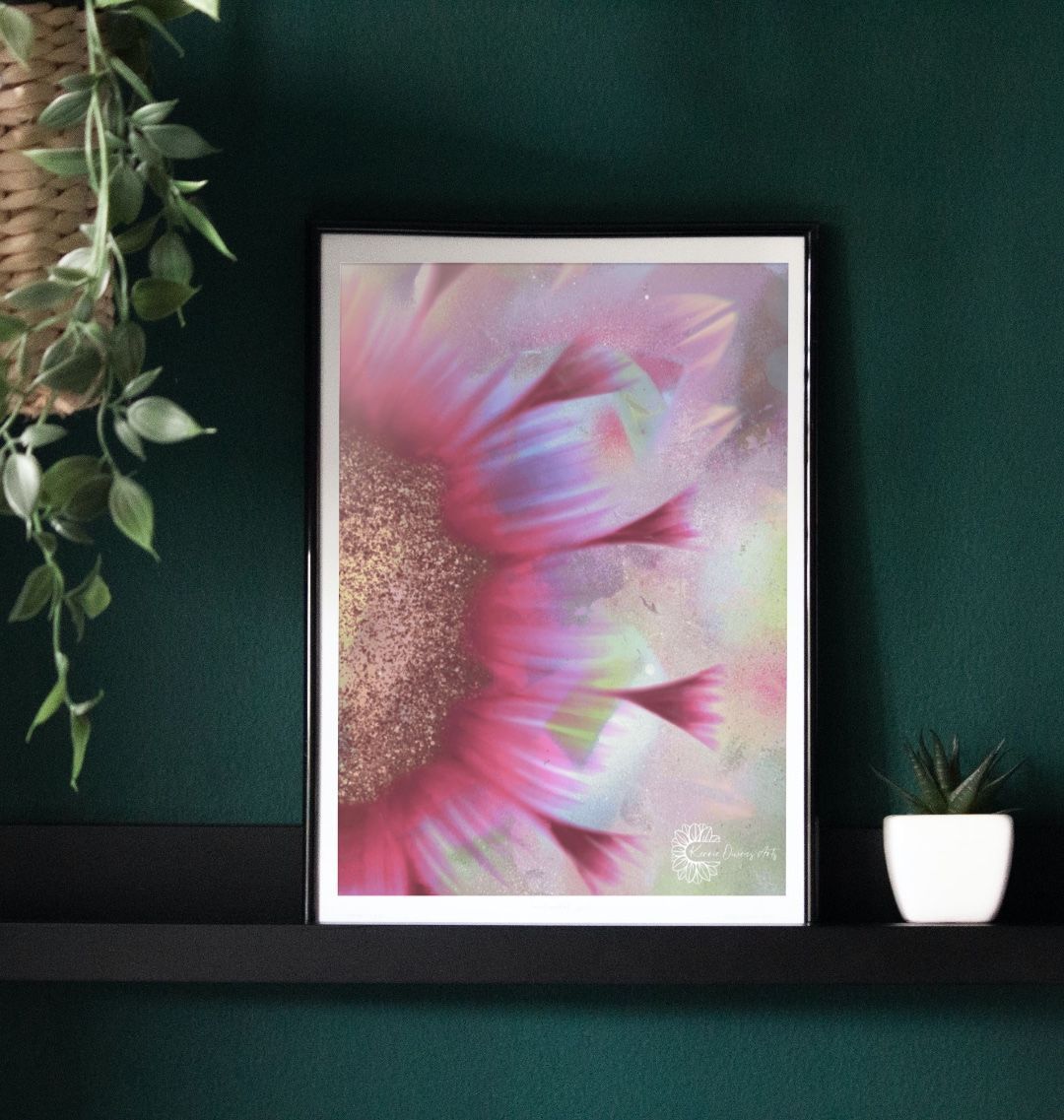 Spray painted pink sunflower poster print.