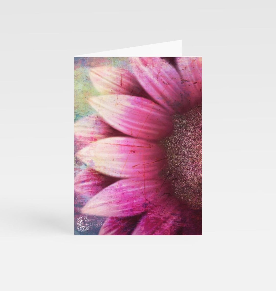 Textured pink sunflower greetings card.