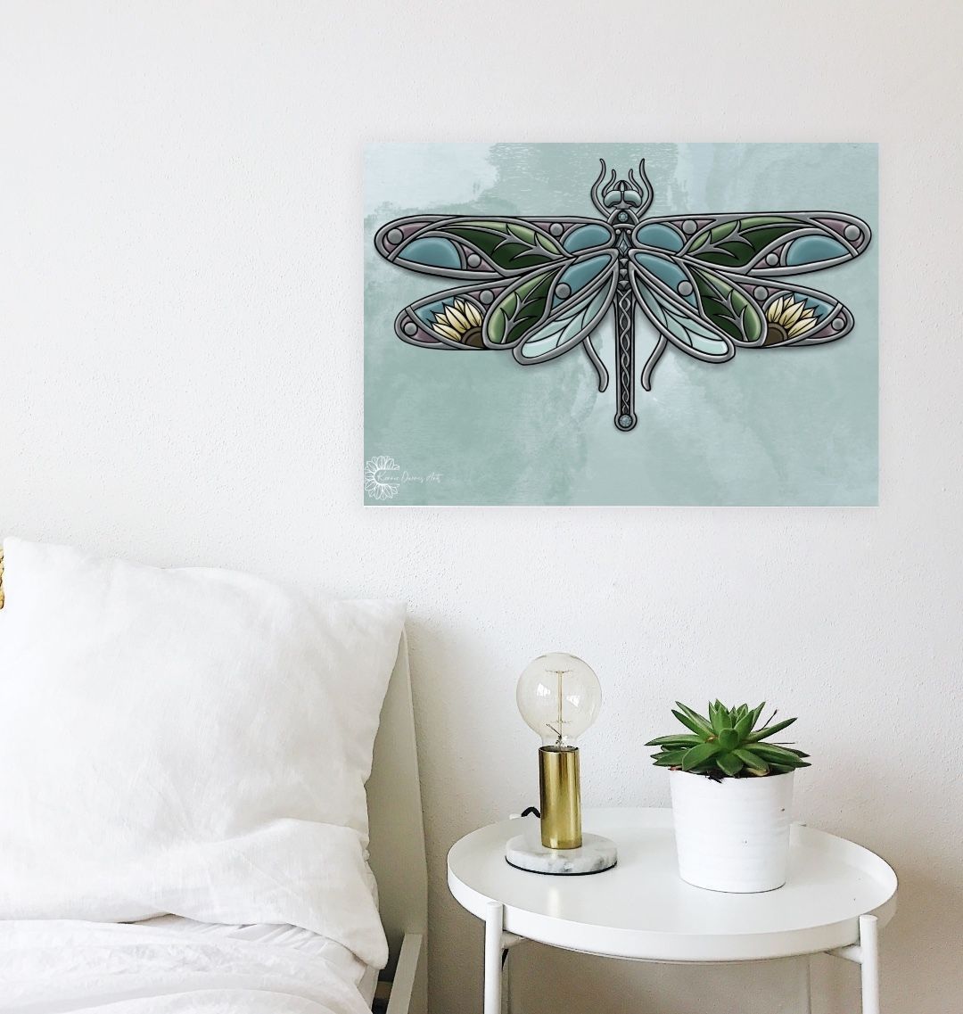 Stained glass dragonfly poster print.