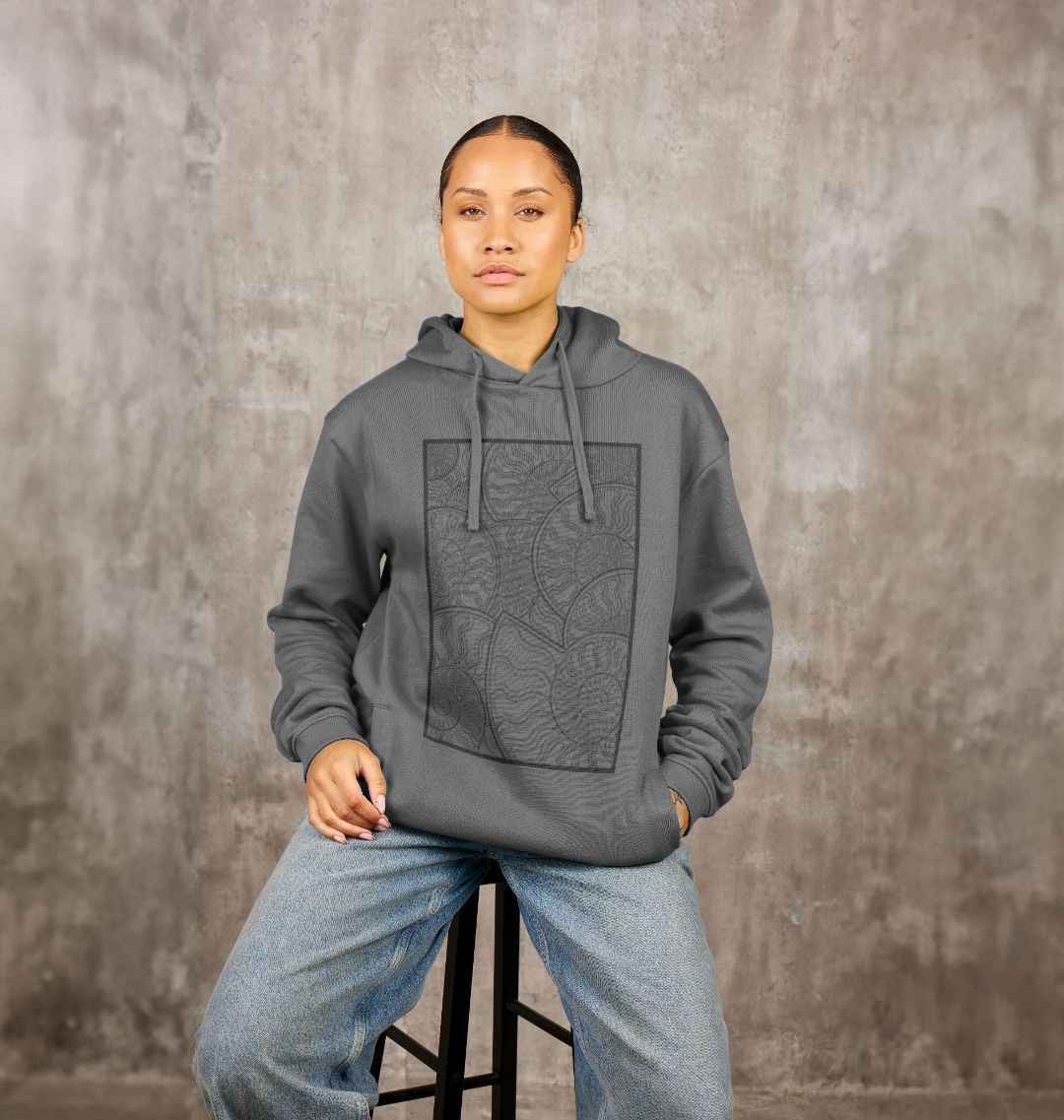 Unisex black lined ammonite fossil hoodie.