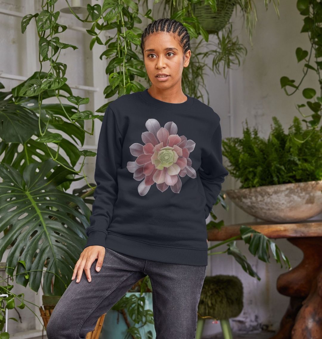 Women’s green to purple ombré succulent crewneck sweatshirt.