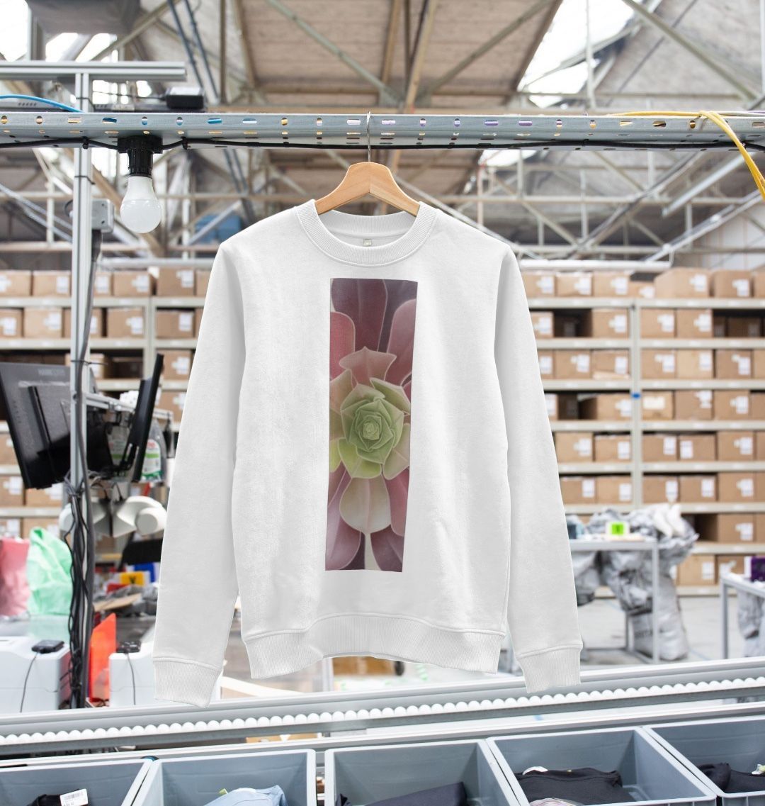 Woman’s green to purple ombré succulent banner sweater.