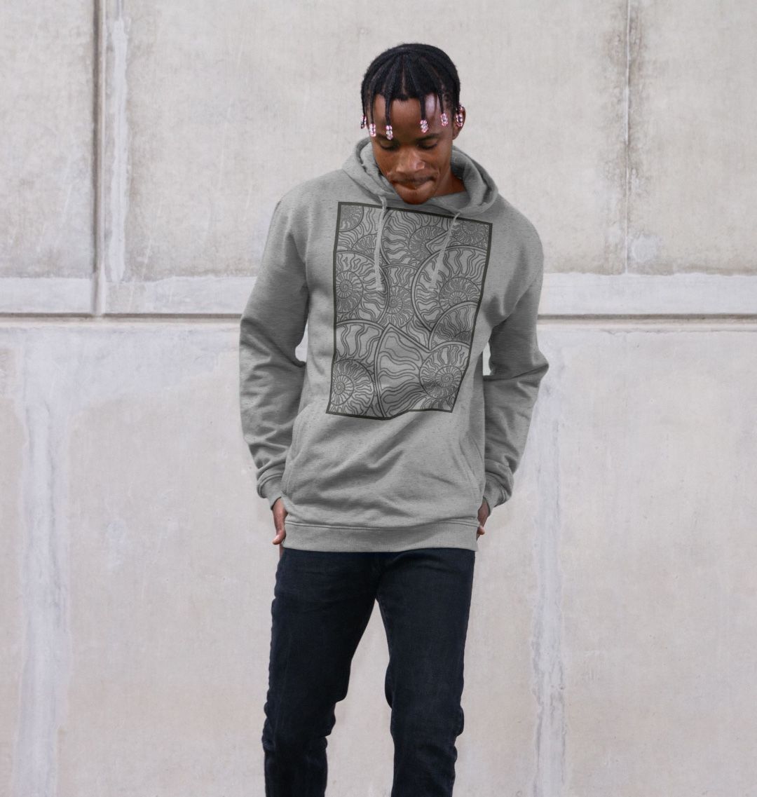 Unisex black lined ammonite fossil hoodie.
