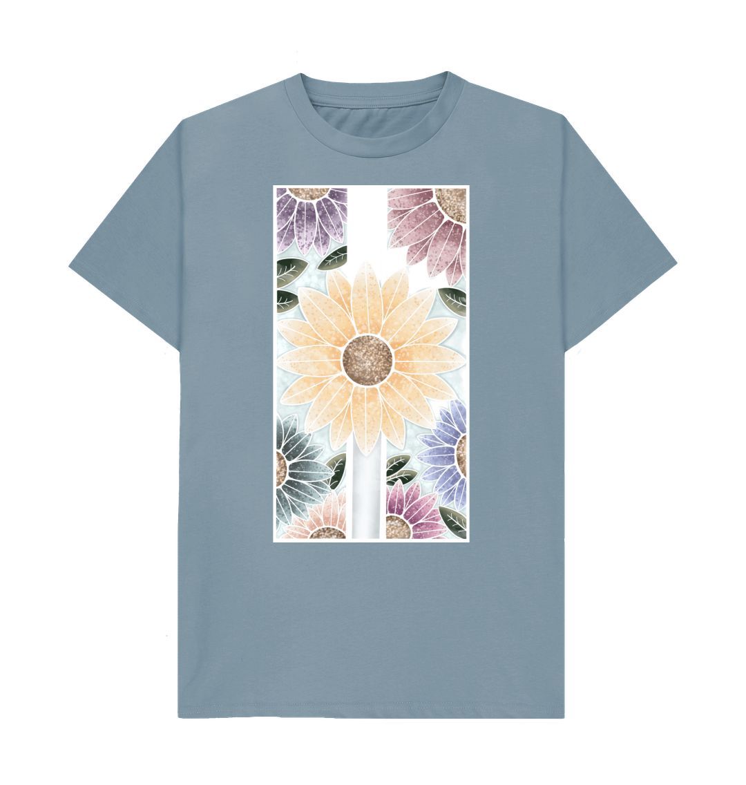 Stone Blue Unisex sunflower banner motif t-shirt.